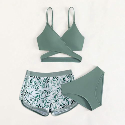 Girls' 3 Piece Swimsuit Tropical Print Cute Bikini High Waisted Bathing Suit with Cover Ups Shorts Swimwear 3-12Y2