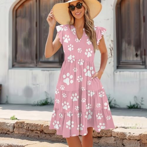 Image of Women's Casual Ruffle Sleeve Dress V Neck Pullover Dress Flowy A-Line Pleated Lightweight Dress with Pockets