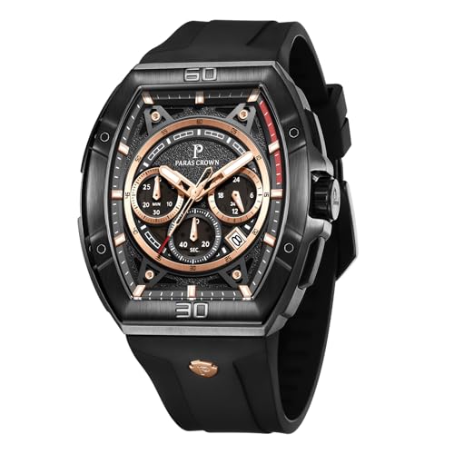 Paras Crown Watches for Men Tonneau 5ATM Waterproof Quartz Luxury Chronograph Analog Men's Wrist Watches Stainless Steel Case Mens Watches