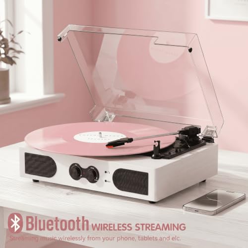 Image of Vinyl Record Player with Built-in Stereo Speakers, Vintage 3-Speed Turntable, Bass /Treble Control, Headphone Jack, RCA /AUX Outputs, Belt-Driven LP Player, White Wood