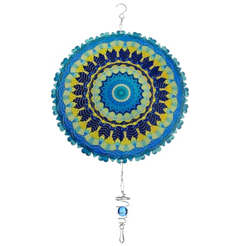 Otoolling 12 Inch Mandala Wind Spinners with Gazing Ball Spiral Tail, Outdoor 3D Stainless Steel Hanging Spinner Mandala Wind Catchers Sculpture for Indoor Outdoor Garden Yard Decoration