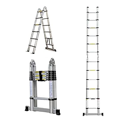 Telescoping Ladder A-Frame Straight 2-in-1 Extension Ladder 12.5ft A Shape Heavy Duty Portable Home RV Ladder with Safety Stabilizer Lock Hinge Non Slip Feet, 330lbs Max Load, EN131 Certificated