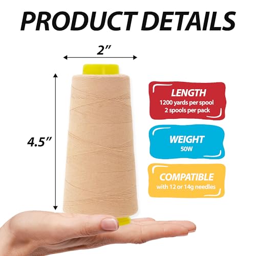 Image of Mandala Crafts Tan Mercerized Cotton Thread Cones for Sewing Quilting | 2400 Yds 50 WT, 100% Long Staple Cotton, Multipurpose, for Embroidery, Piecing, Sergers, Applique, Machine and Hand Sewing