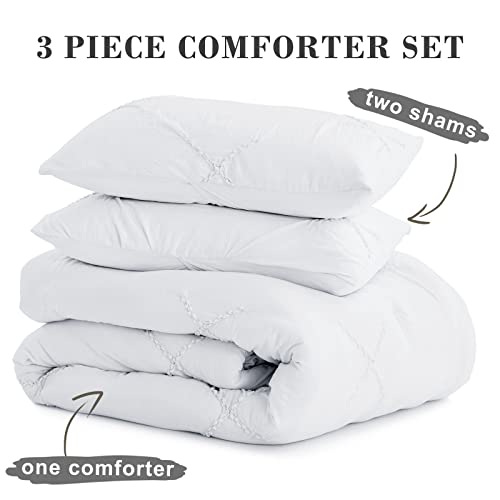 Semech Pinch Pleat Queen Comforter Set, Microfiber Bedding Comforter Sets Queen Size, 3 Piece White Queen Size Comforter Set Lightweight, (Bright White, 88"X88") #TOP5