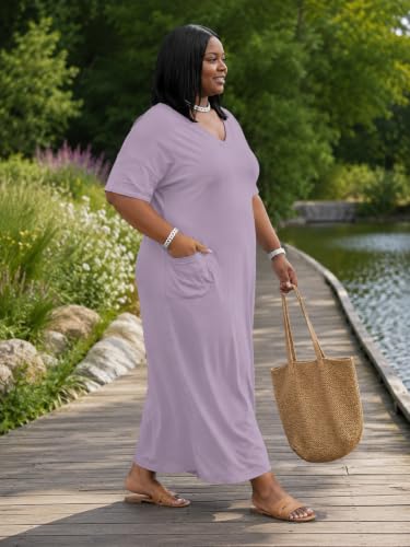 Image of Plus Size Maxi Dress for Women Short Sleeve V Neck Casual Loose Sundress with Pockets