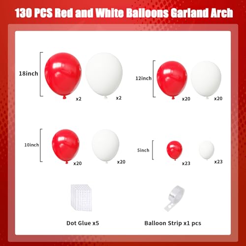 Image of Red and White Balloons Arch Kit,130pcs Red Latex Balloon Garland,Different Sizes White Balloon for Wedding,Mother's Day,Valentine's Day,Birthday,Christmas Party Decorations