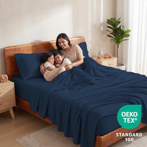 Image of LANE LINEN 100% Organic Cotton Bedsheet for Double Bed Queen - Estate Blue | GOTS Certified, Percale Weave, 90x100 inches, Soft & Breathable, Machine Washable, Includes 2 Pillow Covers