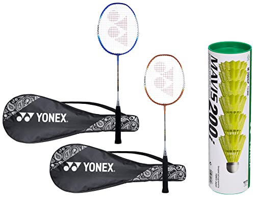 Image of Yonex ZR 100 Light Aluminum Blend Badminton Racquet with Full Cover, Set of 2 (Blue /Orange) & Mavis 200i Nylon Shuttle Cock, Pack of 6 (Yellow)