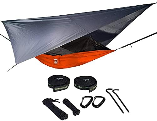 Oak Creek Camping Hammock and Accessories. Complete Package with Mosquito Bug Net, Rain Fly, Tree Straps. Great for Hiking, Backpacking, and Travel. Weighs Only 4 Pounds. Fire Orange and Gray.