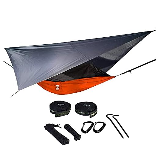 Oak Creek Camping Hammock and Accessories. Complete Package Includes Mosquito Net, Rain Fly, Tree Straps and Portable Lightweight Compression Sack. Weighs Only 4 Pounds. (Tiger Orange)