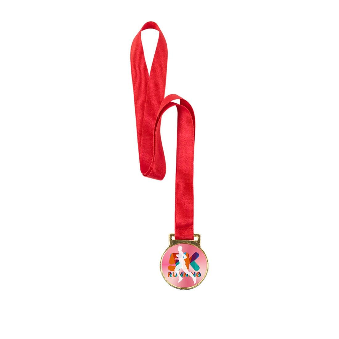 Genérico Pack 50 Medallas para Sublimación con Cinta Roja – Acabado Metálico Dorado – Ø 5 cm – Lote para Personalizar y Ofrecer en Eventos Escolares, Deportivos o Infantiles