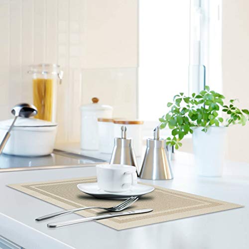 Image of Placemats, Washable PVC Table Mats, Woven Vinyl Placemat for Dining Table Place Mats Set (6 Placemats and 1 Table Runner, Beige-Frames)