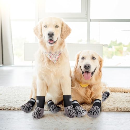 Deepton 2 Paar Hundesocken Anti Rutsch, Weiche Hundeschuhe Pfotenschutz Outdoor, Pfotenschutz Hund mit Verstellbarem Klettverschluss, Hundesocken Leckschutz für den Innen- und Außenbereich, L