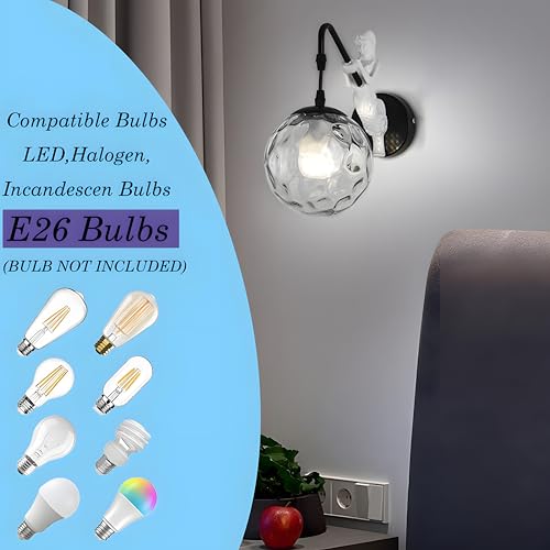Image of Bofea-Modern Wall Sconces Black Wall Light Fixtures Globe Hallway Sconce Vintage Sconces Lighting with with Hammered Glass Shade & Resin Body Mermaid Unique Sconce for Bathroom Entryway Lamp