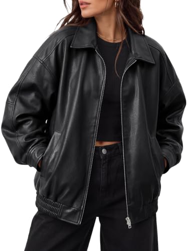 AUTOMET Women's Oversized Faux Leather Jacket for Fall and Winter | Concert Outfits, Boyfriend Biker Moto Coat, Medium weight Fall Bomber Jackets, Music Festival Winter Outerwear