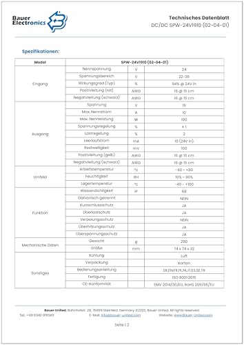Bauer Electronics | DC-DC 22V-36V zu 19V Spannungs-wandler 10A 190W | 24-V 19-V Converter Netzteil Strom-adapter Spannungs-regler Spannungs-stabilisator Spannungs-begrenzer LKW Step-down Buck Volt