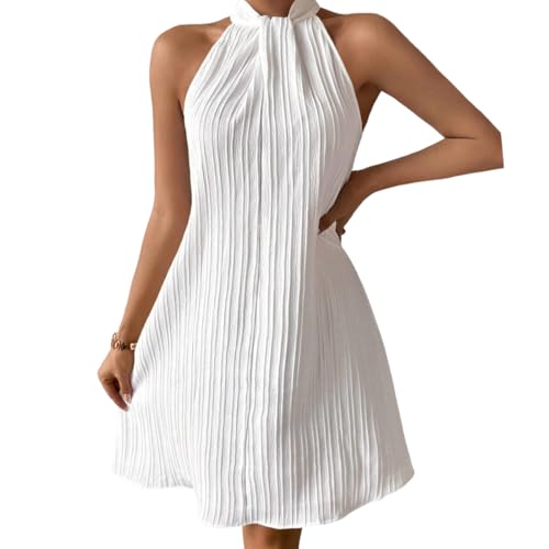Sommerkleid Damen Knielang Elegant Kleid Kurze Strandkleider Neckholder Ärmelloses A-Linie Freizeitkleider Partykleid Cocktailkleid