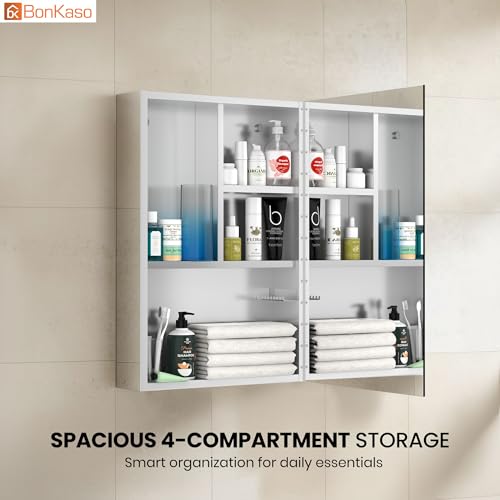 Image of BonKaso Premium Bathroom Cabinet with Mirror | 304 Stainless Steel Wall-Mounted Mirror Cabinet for Wash Basin & Bathroom Storage (12x18 Inch, Chrome Finish)