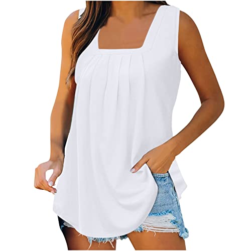 Camiseta sin mangas para mujer, elegante, de verano, cuello cuadrado con pliegues, ajuste holgado, monocolor, básica, moda de verano, camiseta de tirantes para mujer, Blanco, XXL