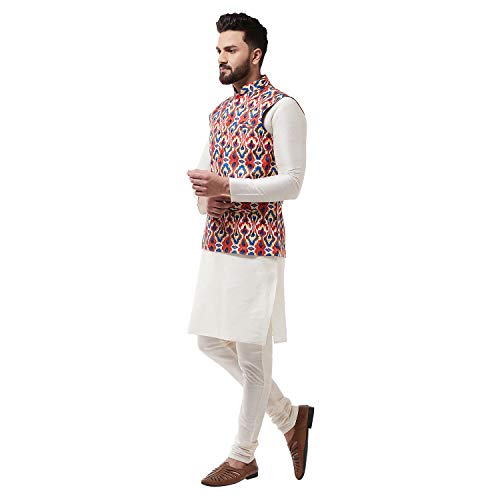 Image of SOJANYA (Since 1958, Men's Silk Blend Pink Kurta Pyjama & Printed Nehrujacket Combo