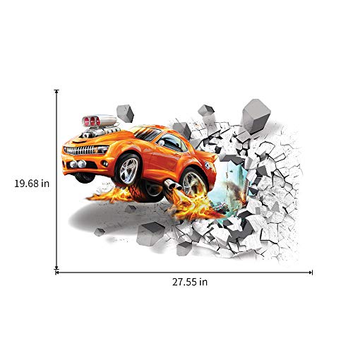 Supzone 3D Car Wall Decals Broken Wall Sticker Self-Adhesive Leap Car Wall Decor Vinyl Removable Automobile Wall Art For Kids Sport Car Wall Stickers For Bedroom Playroom Wall Mural #TOP6