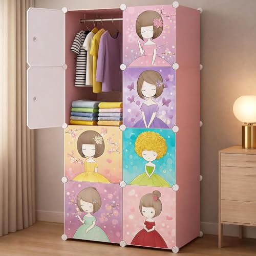 Image of Foldable Plastic Wardrobe for Clothes - Baby Cupboard for Clothes Storage, Wardrobe for Kids, Plastic Almirah, Collapsible Wardrobe for Kids Livingroom & Home (8-Layer-Pink)