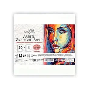 Zen Sangam Artists' Gouache Papers Sheets, 300 GSM Cold Pressed Rough Grain Surface, Acid Free, Square Size (20x20cm - 24 Sheets) for Gouache, Watercolor, Acrylic, Ink and Mixed Media