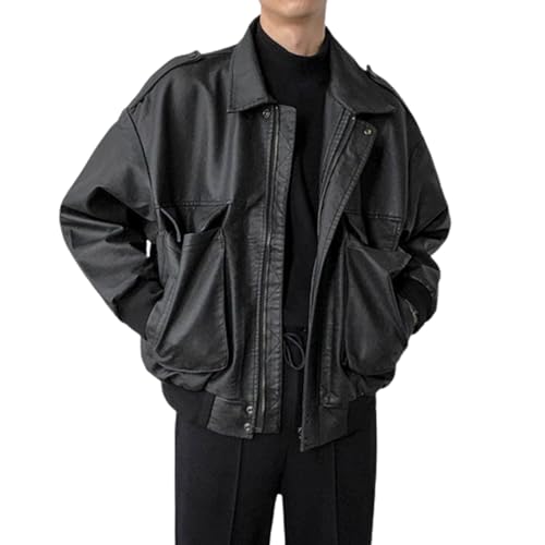 Men's PU Faux Leather Zip-Up Motor Varsity Bomber Jacket Unisex Y2k Coats Harajuku Vintage Alt Emo Grunge Streetwear