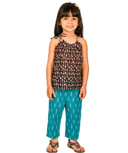 Image of Baby Girls Dresses Cotton Clothes Top Pant Set 1 To 4 Years Black Blue Birthday Party Outfit Children Fish Print Shoulder Tie Summer Wear