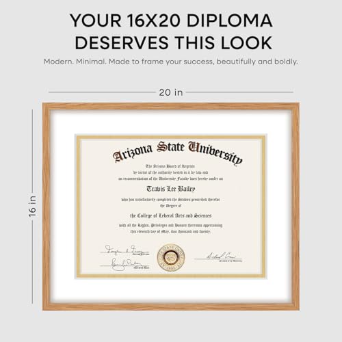 Image of Homeforia 16x20 Diploma Wood Frame, High End Natural Oak 16by20 Certificate Frames with Mat for 14x17, 20by16 Document Matted Frame, Graduation Degree Wooden Frames, Tempered Glass, Wall Kit, Set of 1