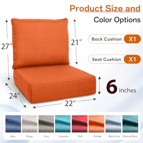 Image of Luxury 6 inch Thick Outdoor Cushion Set 12 - 22x24 Patio Furniture Cushions with 28D High-Density Foam, Water-Resistant & Fade-Resistant Fabric, Removable Covers for Patio Furniture Sofa Couch -Orange