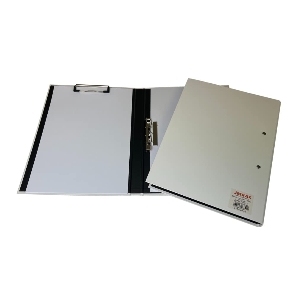 Janrax White A4 Clipboard Document Clamp File Folder – Fold-Open Laminated Board with Metal Clip and Clamp