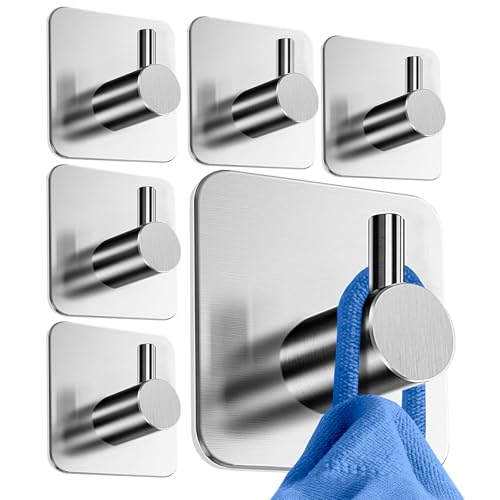 HoneyHolly Crochet Adhesif Mural, 6 Pièces Porte Serviette Salle de Bain, Acier Inoxydable Renforcé, Accroche Torchon Cuisine, Sans Perçage, Patere pour Toilette, Bureau