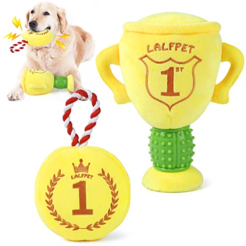 LALFPET Quietschendes Plüsch-Hundespielzeug, Tierform, Kauspielzeug, interaktives Hundespielzeug für kleine, mittelgroße und große Hunde, Trophäen-Medaille, 2 Stück Cover