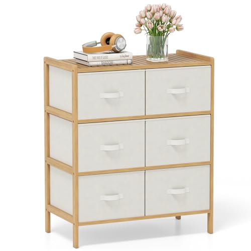 COSTWAY Commode Chambre 6 Tiroirs, Meuble Tiroir Rangement en Bambou, Tiroirs Tissu Pliables, Étagère en Latte, Commode Tissu, Cadre en Bambou, pour Chambre...