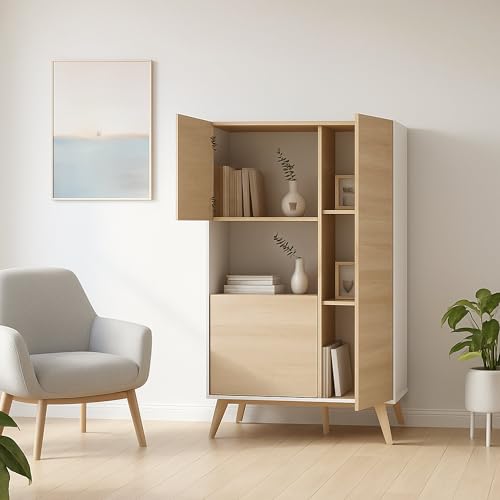 Dmora - Buffet Haut buffet de salon moderne à 3 portes, 81x43h135 cm, chêne et blanc