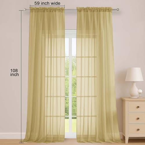 Image of OWENIE Sheer Gold Curtains 108 Inches Long for Living Room Bedroom 2 Panels Set, Lightweight Airy Gold Sheer Curtain, Filmy Voile Rod Pocket, 2 PCS, Each 59 inch W x 108 inch L