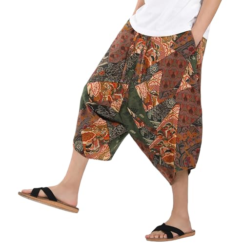Plus Size Harem Pants Men, Boho Wide Leg Capri Pants Elastic Waist Drawstring Hippie Trousers Casual Loose Pant