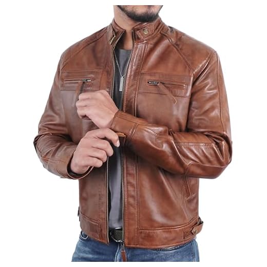 STOREJEES Jaqueta masculina de couro - Jaqueta masculina de couro estilo moto de pele de cordeiro real, Diamante - marrom, 5G