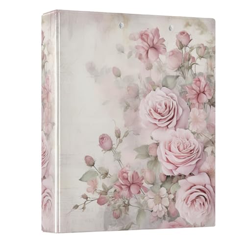 Image of 3 Ring Binder Pink Rose Flower Muted Color 1.5 inch Binders Three Ring Binders with Clipboard Fit 8.5'' x 11'' Paper 3 Interior PVC Clear Pockets for Office Supplies