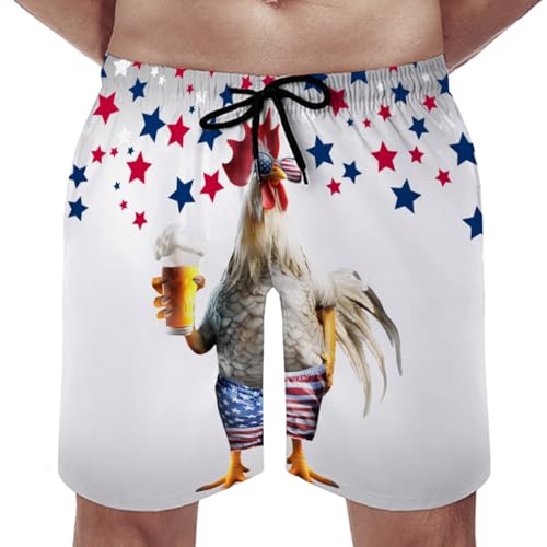 Funny Rooster Beer Men's Swim Trunks Chicken American Flag Stars Summer Board Shorts Drawstring4