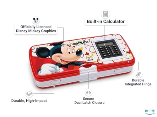 Image of SKi Homeware Pencil Box with Calculator, WHITEBOARD and A Marker | Free Stationery | Ideal for School Kids | Gift for Party Favours or Birthdays | Mickey
