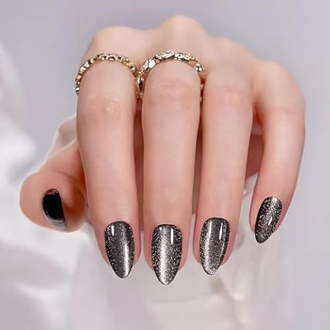 24Pcs Glitter Cat Eye Almond Nails Cover