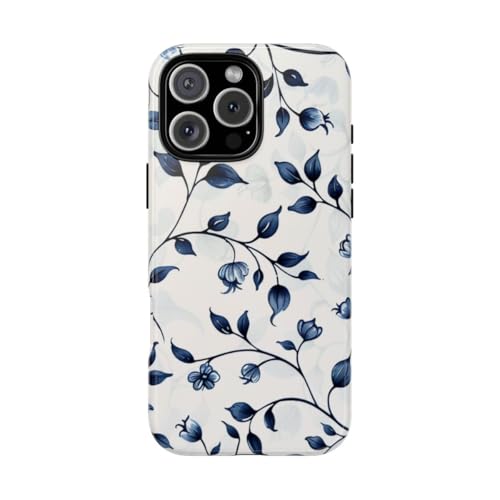 Coque iPhone 16 Pro Max motif floral bleu vigne rigide brillante