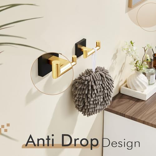 Image of KOKOSIRI Robe Hooks Bath Towel Hooks Bathroom Hardware Double Coat Hooks Wall Mounted, Stainless Steel 2 Pack Black with Gold B1015GDK-P2