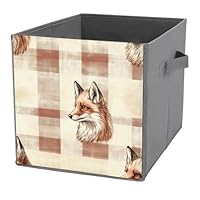 Jubonexis Fox Head on Plaid Cube Storage Bins Storage Cubes Foldable Decorative Fabric Storage Baskets Home Organizers with Handles for Shelves,Closet, 27x27 CM