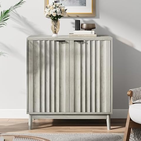 Smart FENDEE Fluted Sideboard Cabinet, Buffet Cabinet with 2 Waveform Doors & Adjustable Shelf, Wood Sideboard Storage Cabinet for Kitchen, Living Room, Entryway, Gray Cover