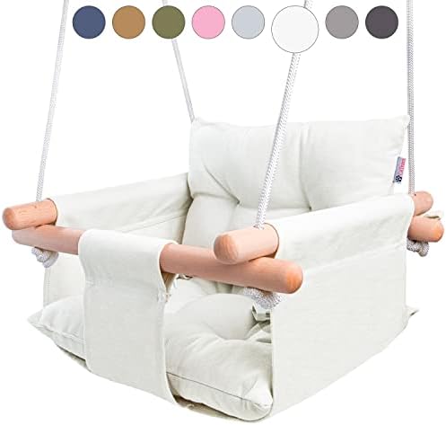 CaTeam - Canvas Baby Swing, Wooden Hanging Swing Seat Chair with Safety Belt, Durable Baby Swing Chair, Outdoor and Indoor Swing for Kids, Mounting Hardware Included, Ivory