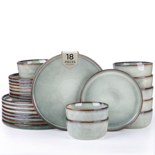 Image of GBHOME Dinnerware Sets for 6, 18 Pieces Stoneware Plates and Bowls Sets, Scratch Resistant Dishes, Dishwasher & Microwave Safe, Reactive Glaze