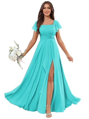 Square Neck Chiffon Bridesmaid Dresses for Women with Sleeve Long Ruffle A-Line Formal Party Gowns with Slit